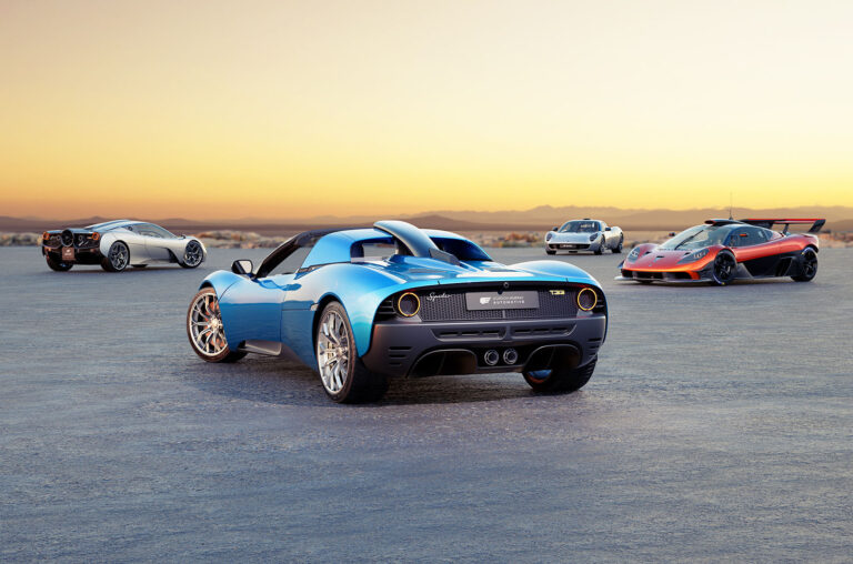 gordon murray t33 and t50 variants parked in desert