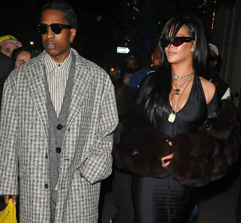 Rihanna and ASAP Rocky Step out for Date Night with Rihanna in a Black Laquan Smith Spring 2025 Dress and Asap in Bottega Veneta copy