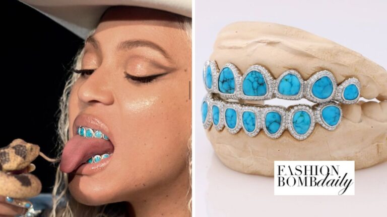 Bomb Accessories Beyonce Debuted a Custom Cowboy Carter 8X8 Spiderweb Turquoise and Diamond Grill