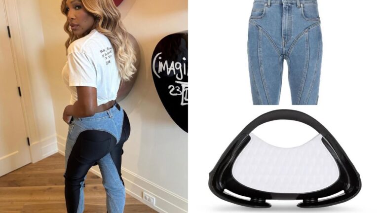 Serena Williams Posed for the Gram in Blue 690 Mugler Jeans and a White 1295 Balmain Jolie Madame Handbag feat