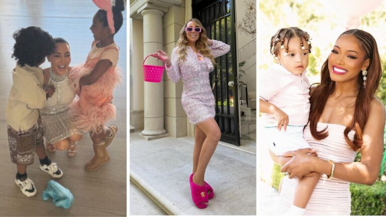Fashion Bomb Easter Looks 2025Kim Kardashian in a Silver 13300 MiuMiu Dress KeKe Palmer in a Blush Balmain Dress and Mariah Carey in a Pink Embellished Chanel Set