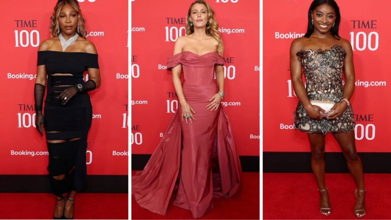 On the Scene at the Time 100 Gala Serena Williams in a Black Stella McCartney Dress Blake Lively in a Red Zuhair Murad Gown Simone Biles in Oscar De La Renta Corset Dress More