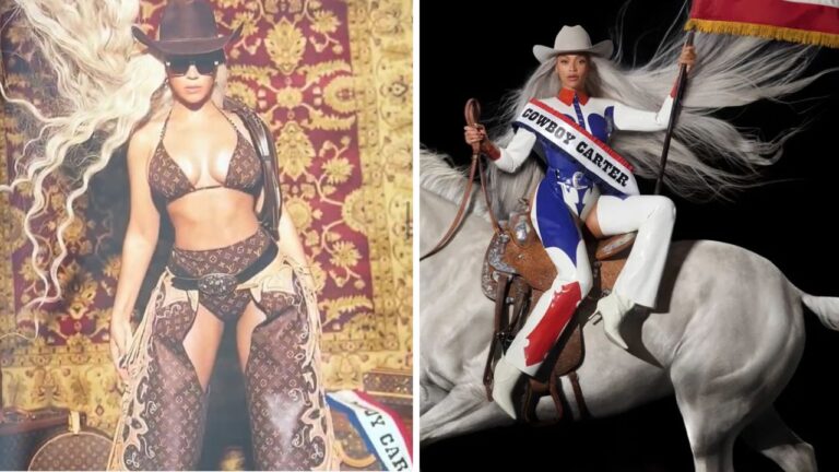 Beyonce Slays in a Louis Vuitton Monogram Swimsuit with Matching Chaps For Cowboy Carter Promo feat image